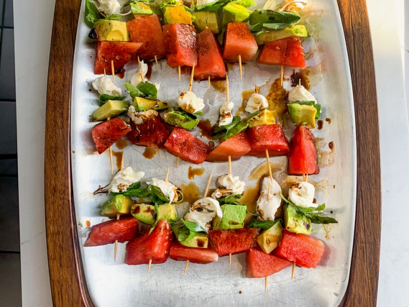 Burrata, Avocado, Basil and Watermelon Skewers