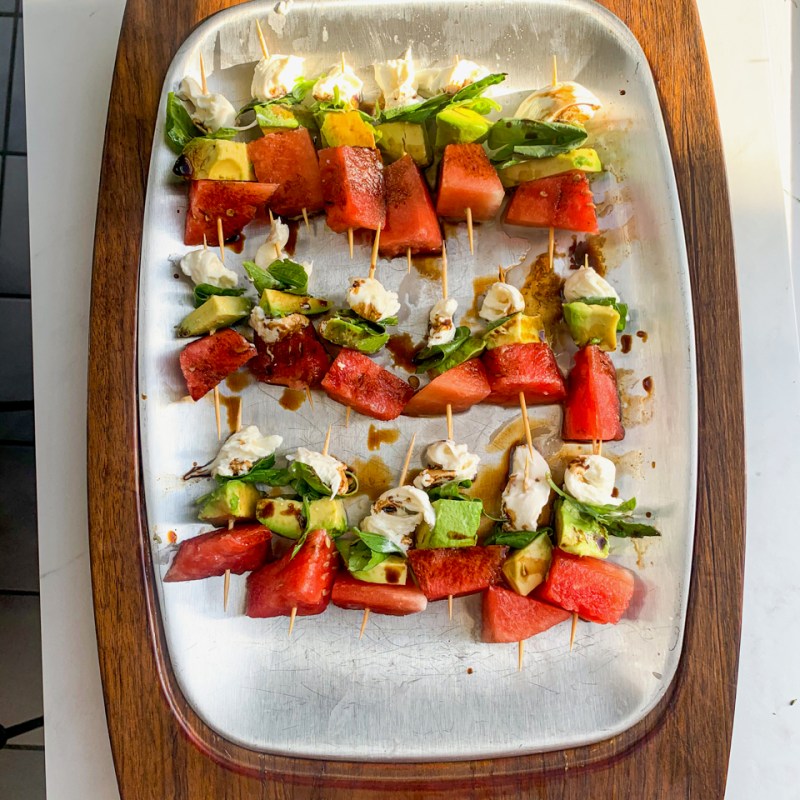 Burrata, Avocado, Basil and Watermelon Skewers